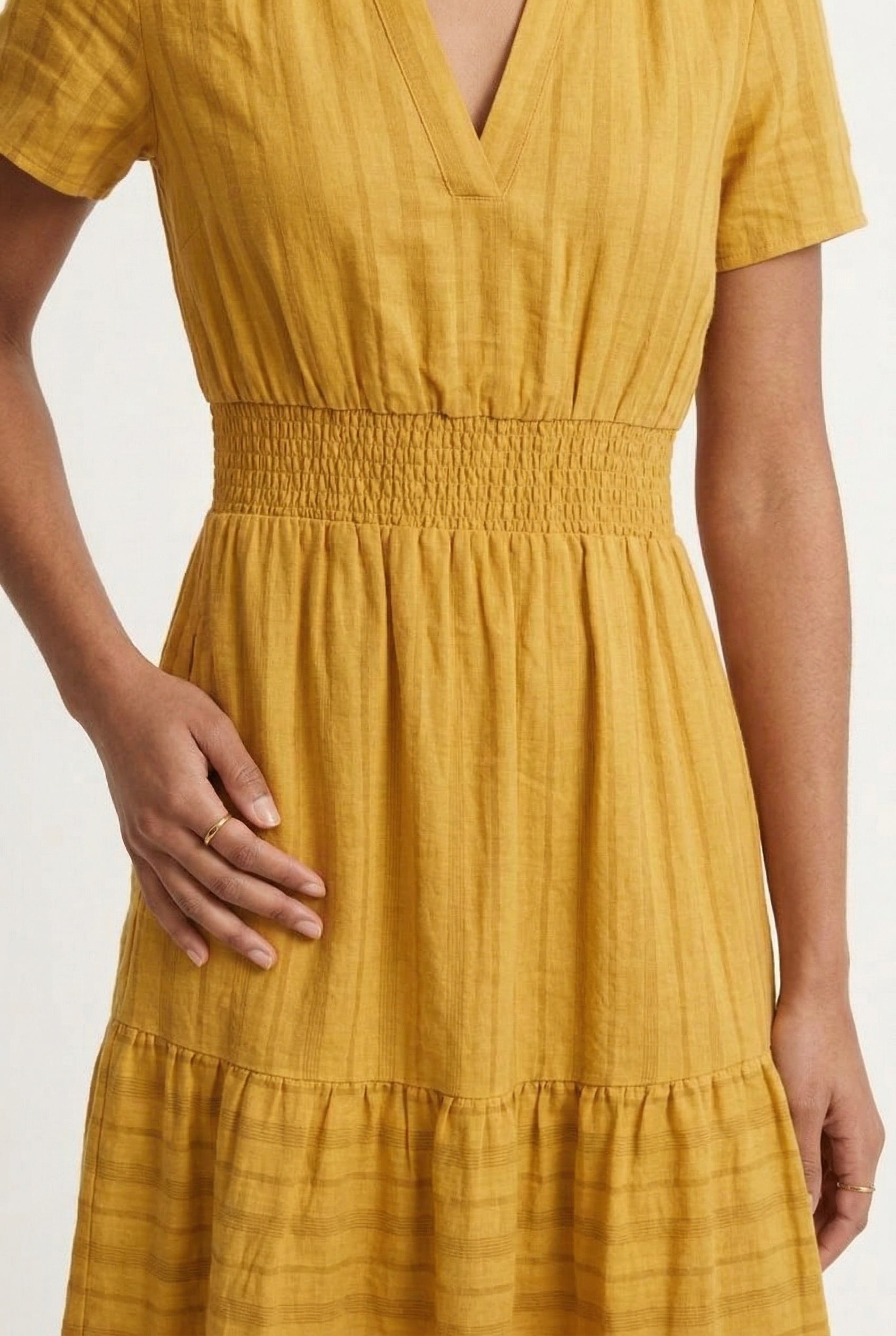 LOHNR Solene Dress in Ochre - Women's 100% Cotton Tiered Midi Dress