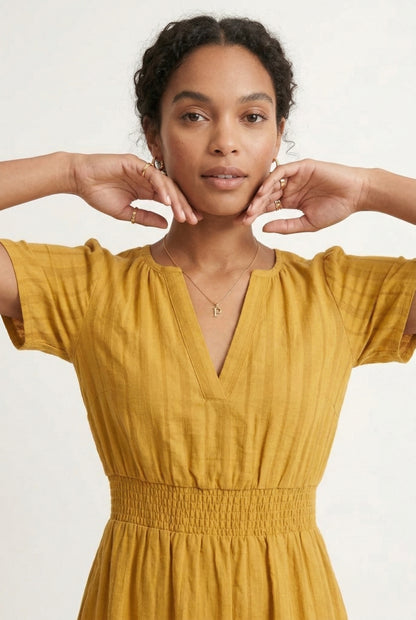 LOHNR Solene Dress in Ochre - Women's 100% Cotton Tiered Midi Dress