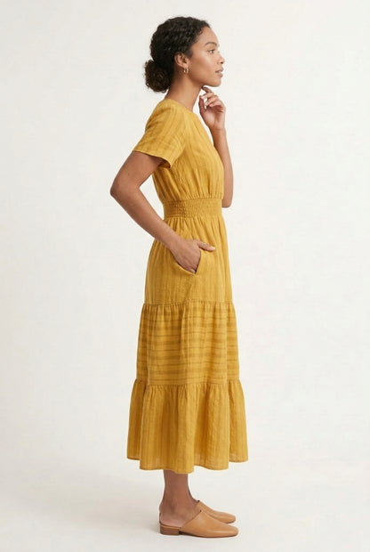 LOHNR Solene Dress in Ochre - Women's 100% Cotton Tiered Midi Dress