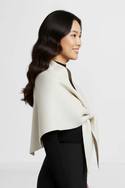 LOHNR The Loop Wrap in Ecru, a soft polished fall layering wrap featuring a smooth drape and signature tie-front design.