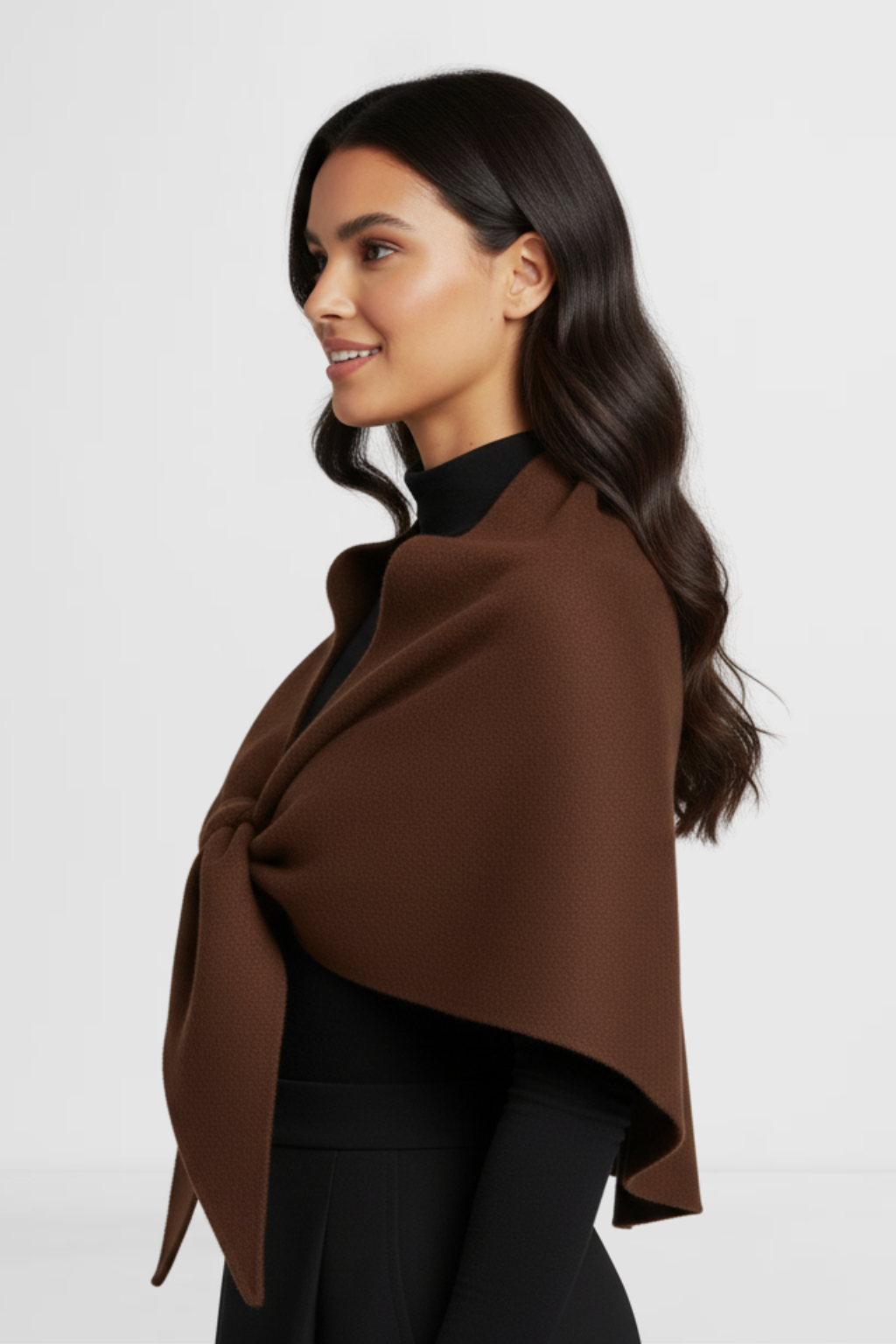 LOHNR The Loop Wrap in Espresso, a soft polished fall layering wrap featuring a smooth drape and signature tie-front design.