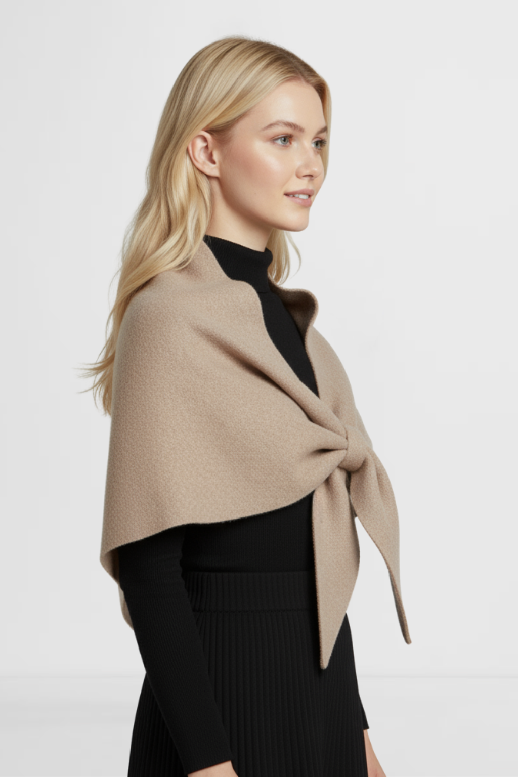 LOHNR The Loop Wrap in Fawn, a soft polished fall layering wrap featuring a smooth drape and signature tie-front design.
