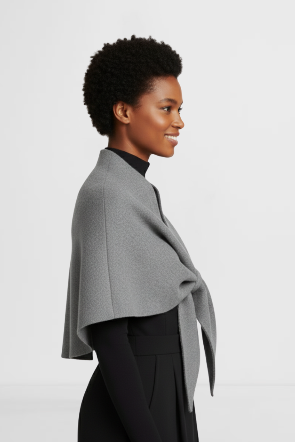 LOHNR The Loop Wrap in Graphite, a soft polished fall layering wrap featuring a smooth drape and signature tie-front design.