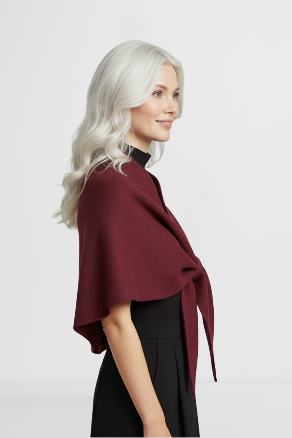 LOHNR The Loop Wrap in Merlot, a soft polished fall layering wrap featuring a smooth drape and signature tie-front design.