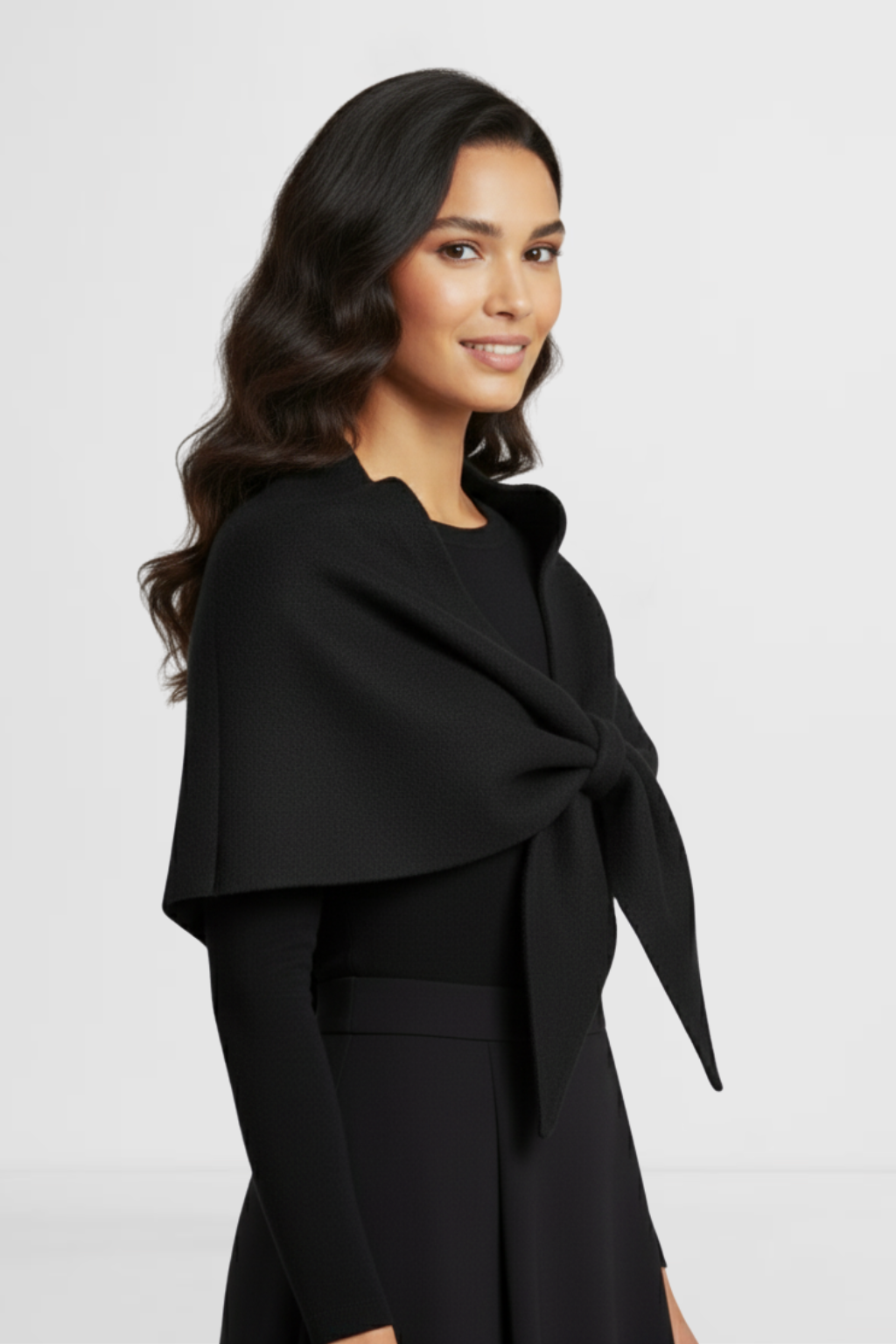 LOHNR The Loop Wrap in Raven, a soft polished fall layering wrap featuring a smooth drape and signature tie-front design.