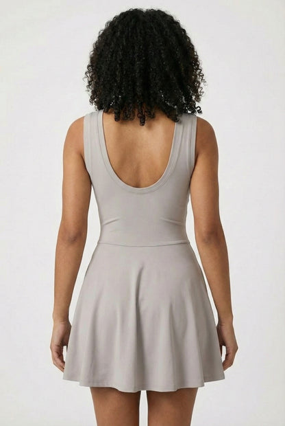 LOHNR The Rally Dress in Gray - Athletic one-piece romper with side-tie wrap skirt and hidden integrated shorts