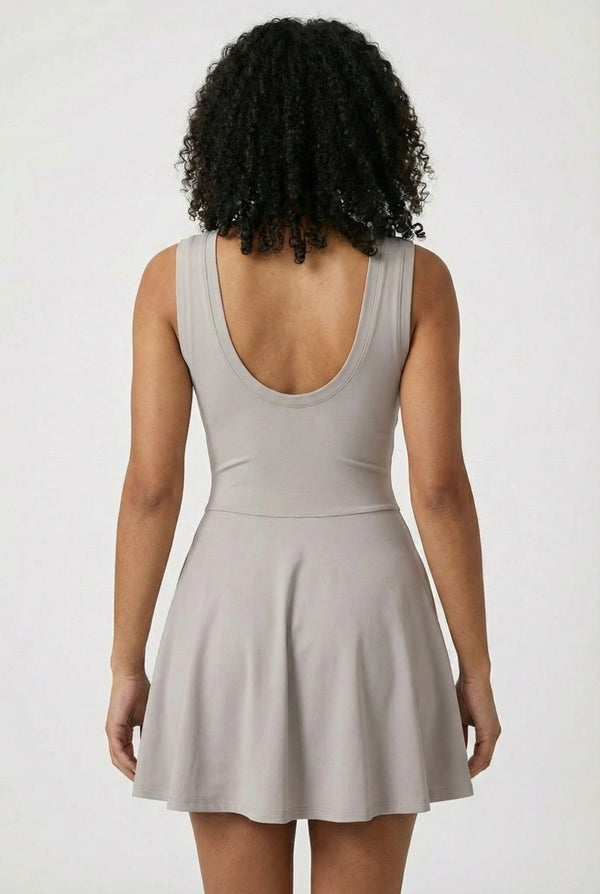 LOHNR The Rally Dress in Gray - Athletic one-piece romper with side-tie wrap skirt and hidden integrated shorts