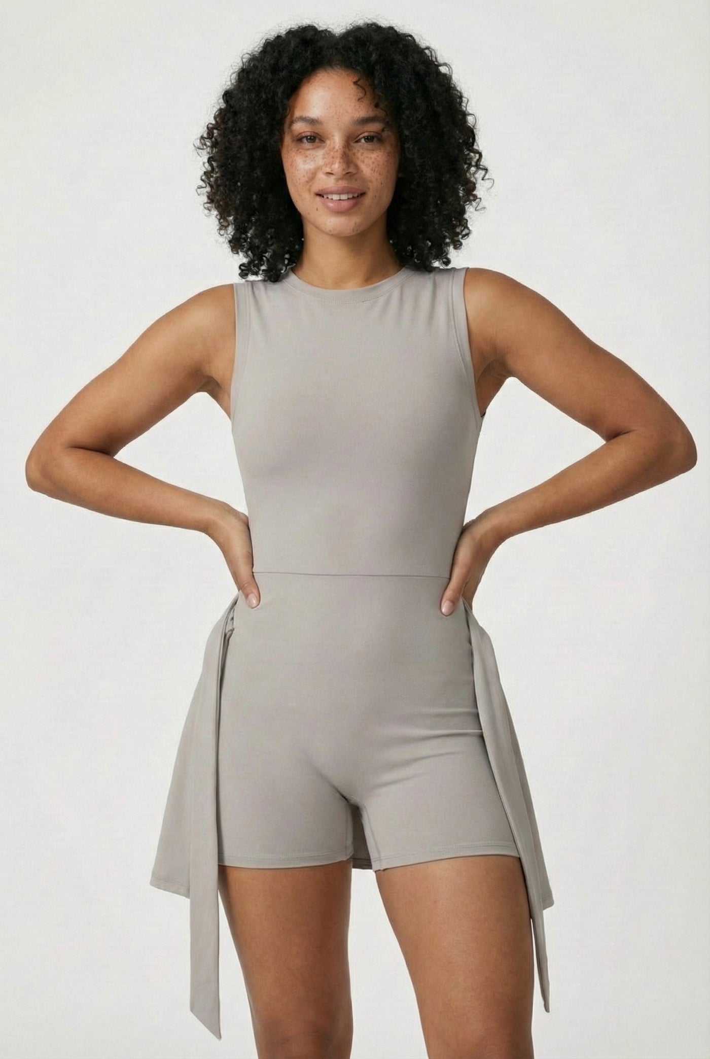 LOHNR The Rally Dress in Gray - Athletic one-piece romper with side-tie wrap skirt and hidden integrated shorts