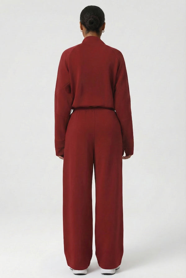 LOHNR Transit Set in Crimson Merlot, a premium quarter-zip pullover and wide-leg lounge pant.
