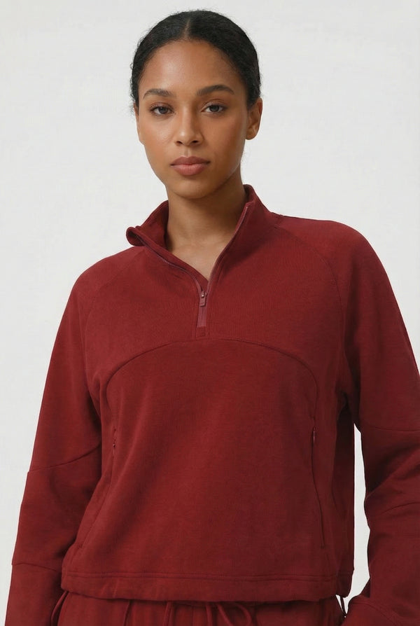 LOHNR Transit Set in Crimson Merlot, a premium quarter-zip pullover and wide-leg lounge pant.