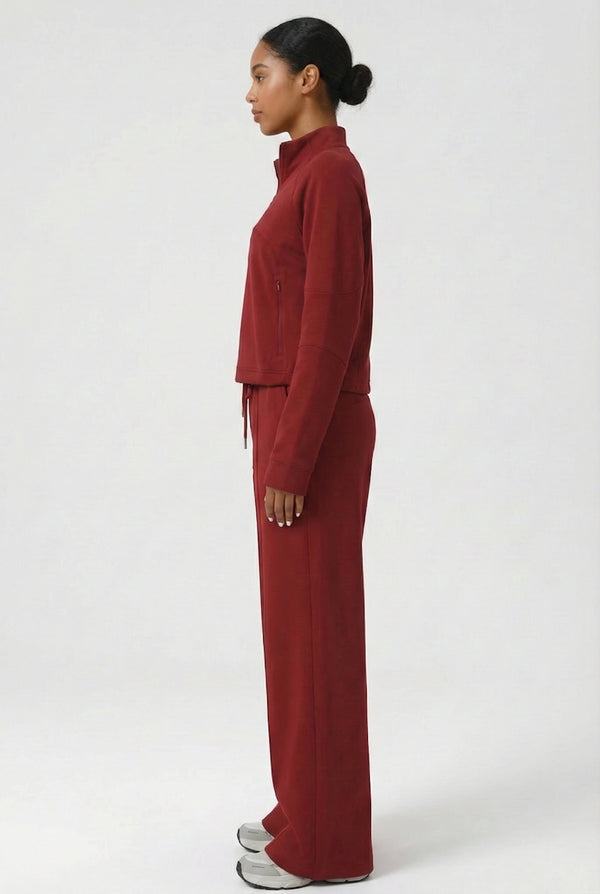 LOHNR Transit Set in Crimson Merlot, a premium quarter-zip pullover and wide-leg lounge pant.