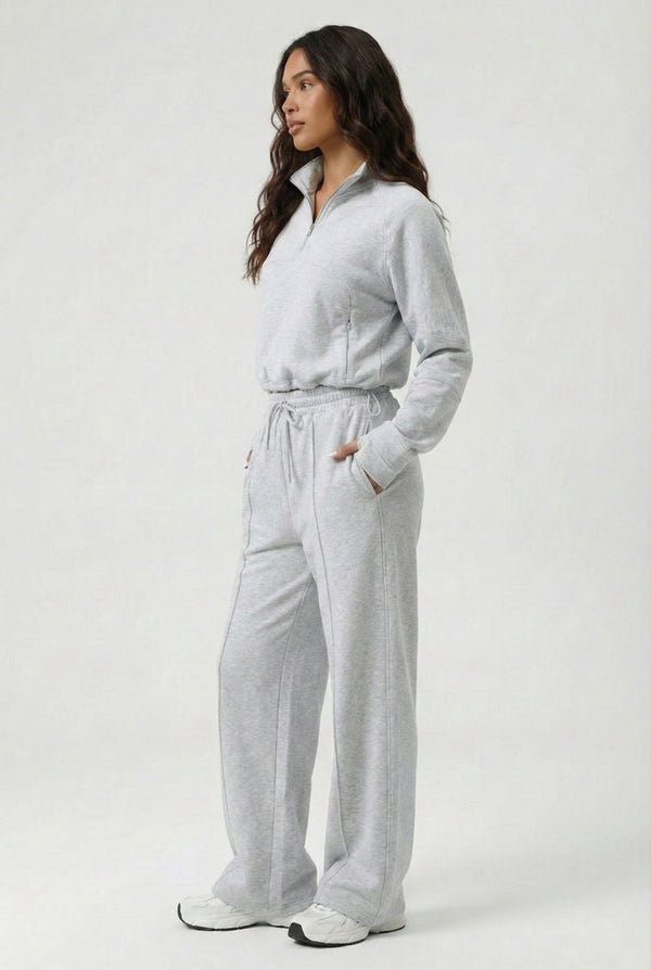 LOHNR Transit Set in Slate Mist, a premium quarter-zip pullover and wide-leg lounge pant.
