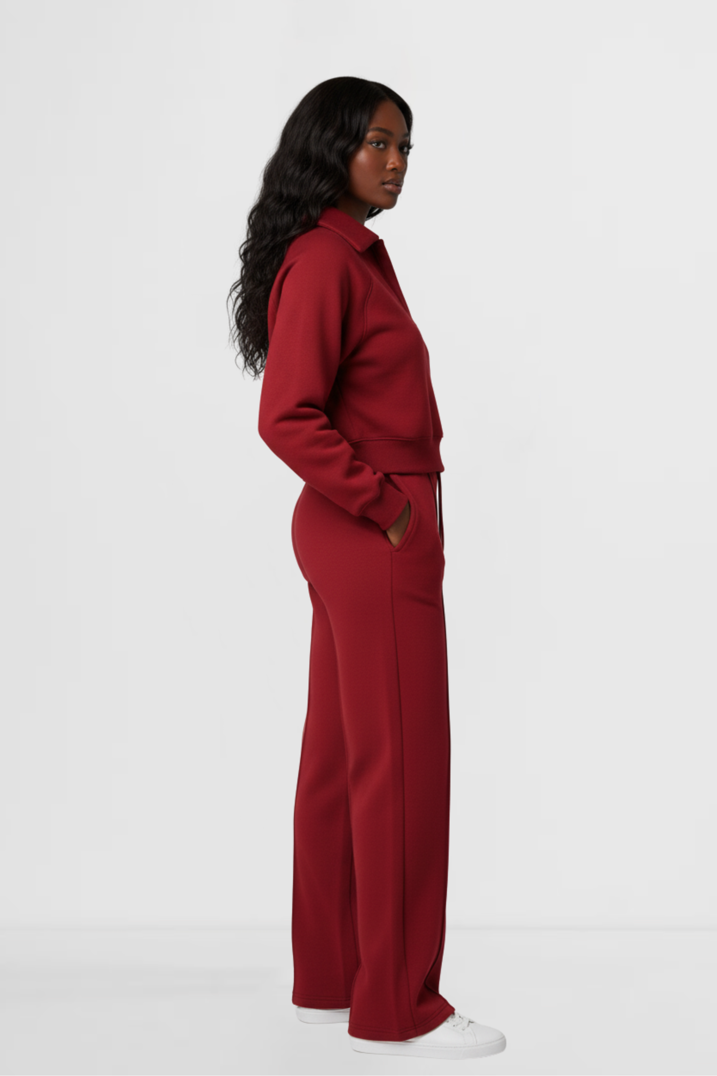 Model wearing the LOHNR Ventura Set in Merlot, a premium soft scuba matching set featuring a sculpted V-neck and wide-leg pants for refined comfort.