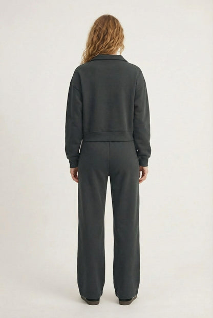 Model wearing the LOHNR Ventura Set in Onyx, a premium soft scuba matching set featuring a sculpted V-neck and wide-leg pants for refined comfort.