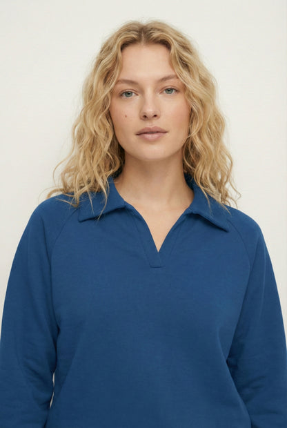 Model wearing the LOHNR Ventura Set in Slate, a premium soft scuba matching set featuring a sculpted V-neck and wide-leg pants for refined comfort.