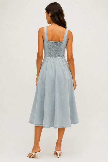 Woman wearing the Lohnr Vivienne Bustier Dress in Glacier Wash, a light blue structured cotton midi dress with a sweetheart neckline and A-line skirt.