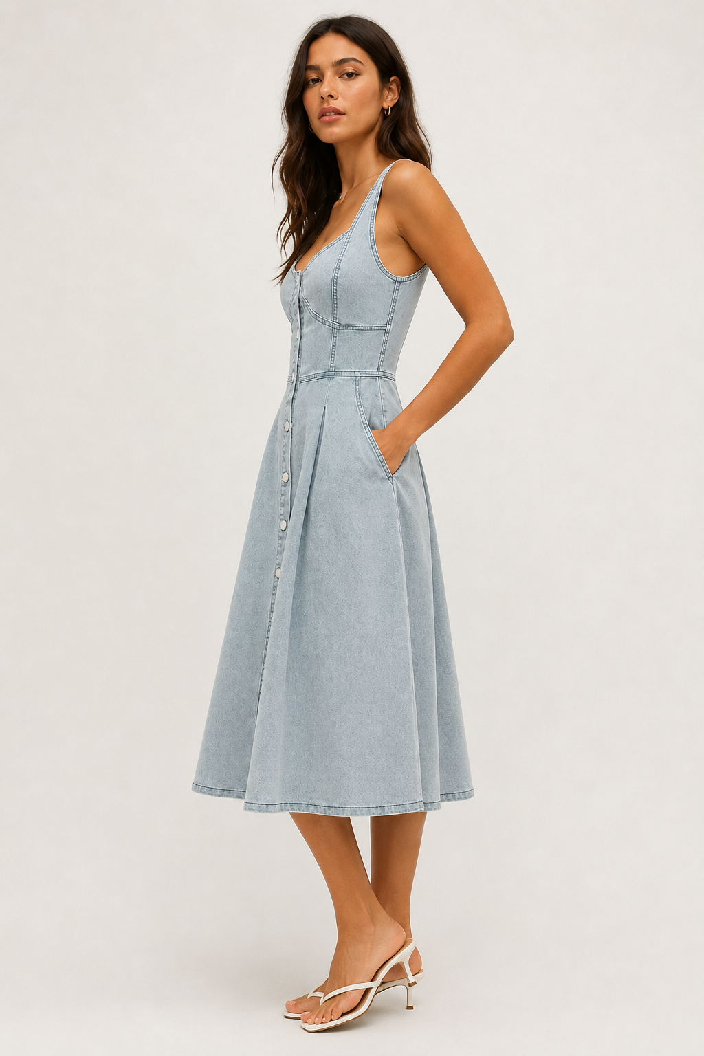 Woman wearing the Lohnr Vivienne Bustier Dress in Glacier Wash, a light blue structured cotton midi dress with a sweetheart neckline and A-line skirt.
