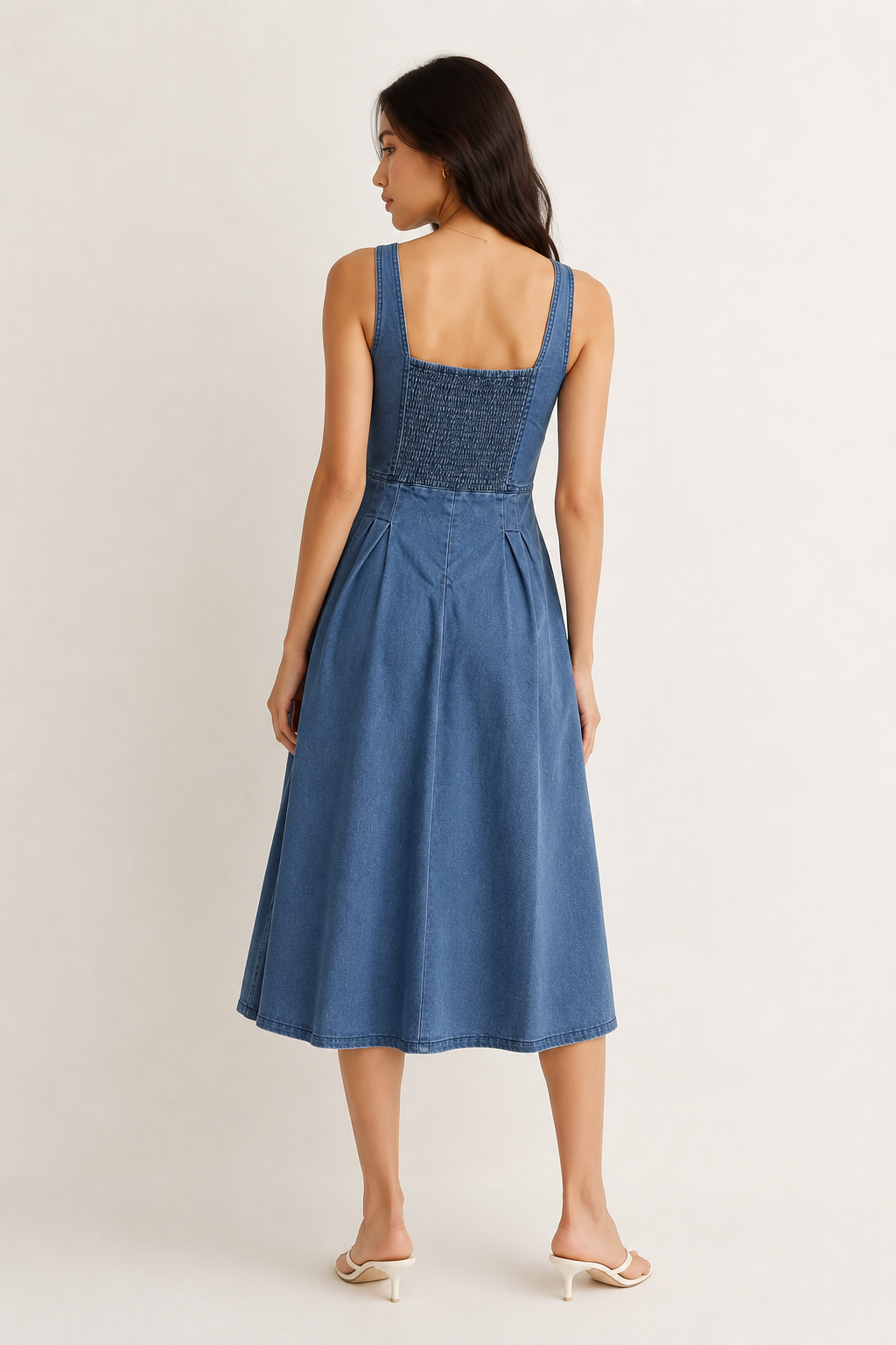 Woman wearing the Lohnr Vivienne Bustier Dress in Midnight Wash, a dark blue structured cotton midi dress with a sweetheart neckline and A-line skirt.
