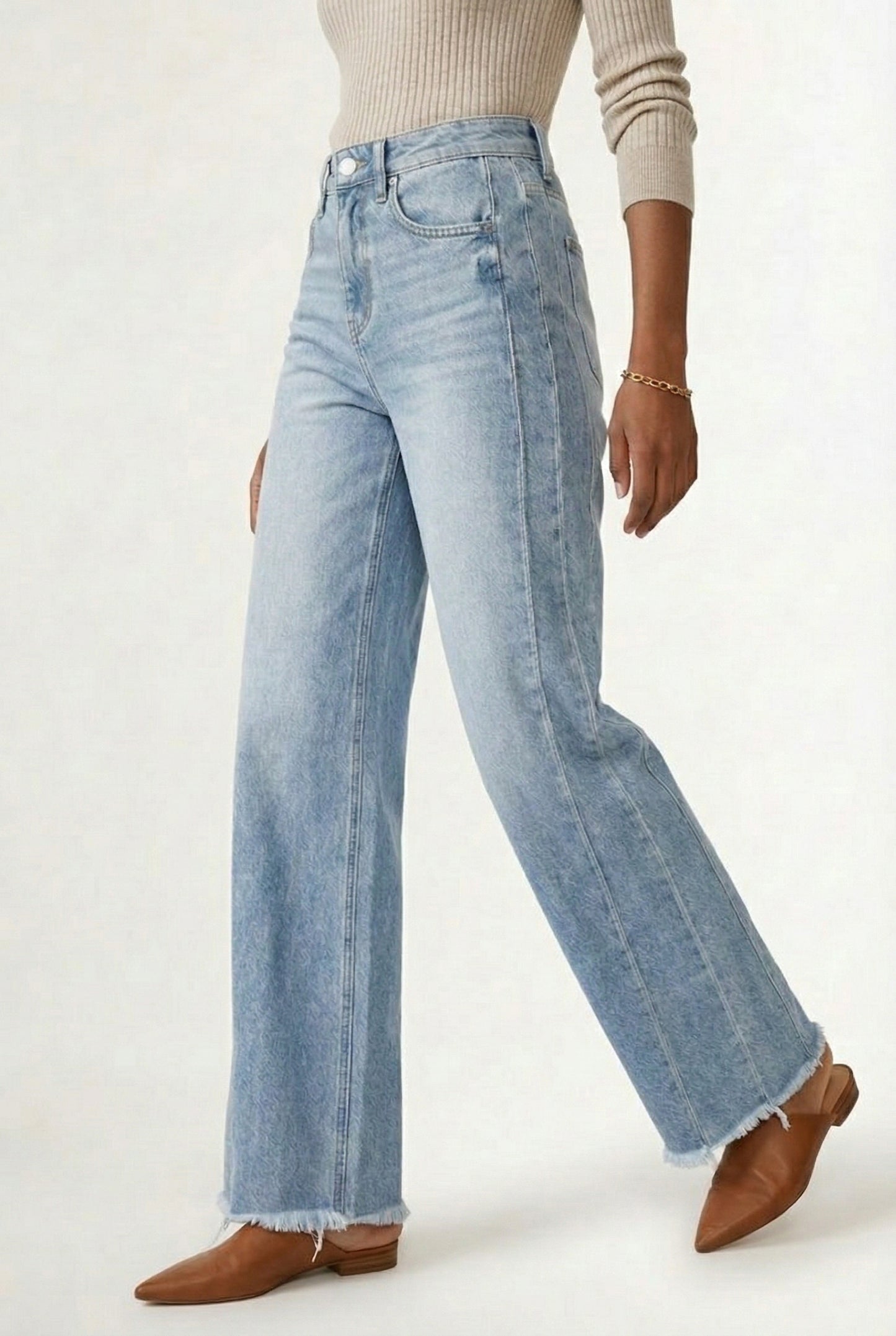 LOHNR High Waisted Wide Leg Denim in Skyline Blue