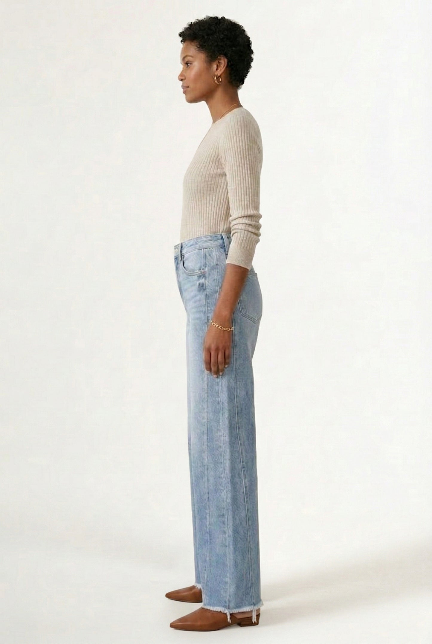 LOHNR High Waisted Wide Leg Denim in Skyline Blue