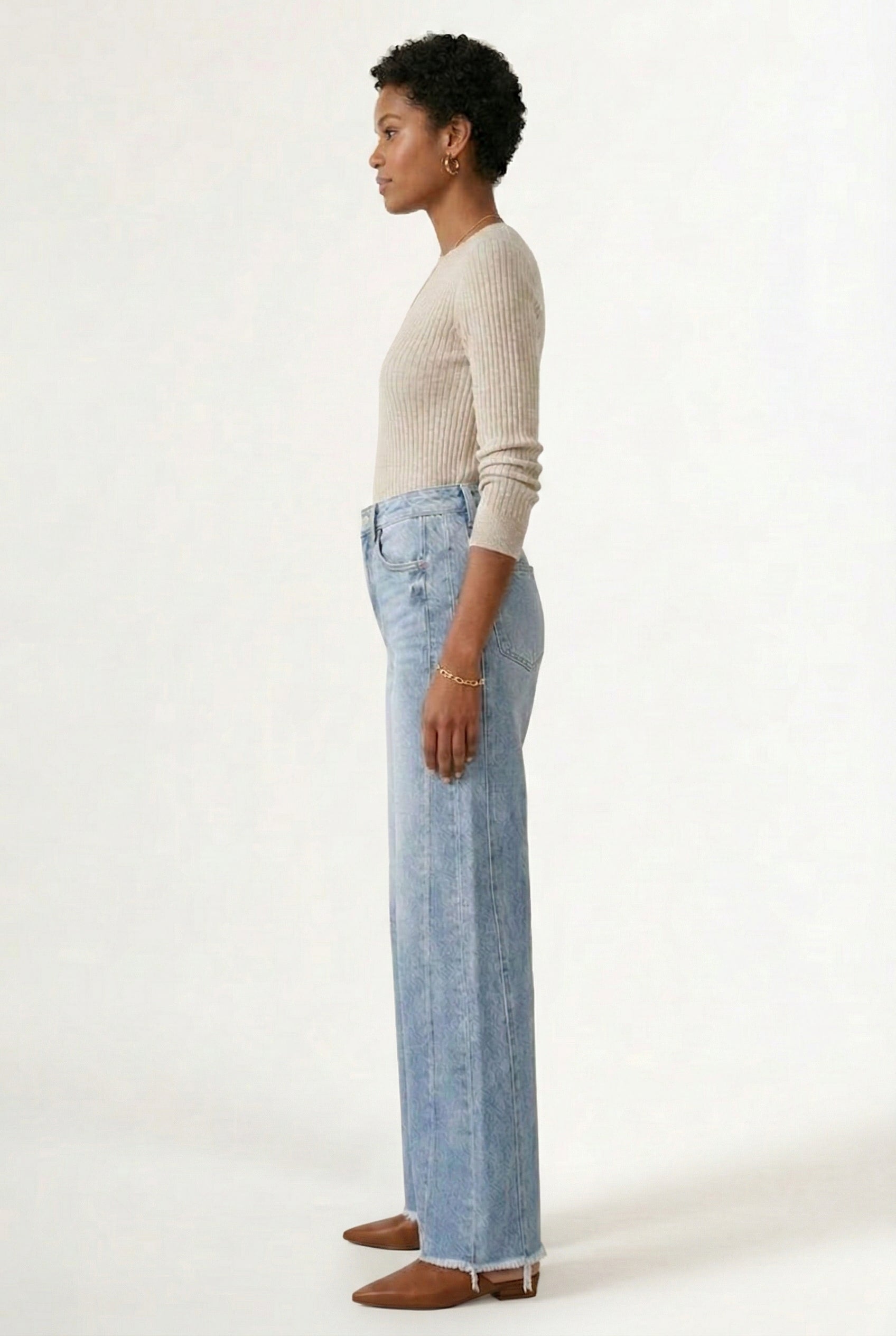 LOHNR High Waisted Wide Leg Denim in Skyline Blue