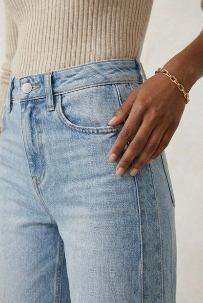 LOHNR High Waisted Wide Leg Denim in Skyline Blue