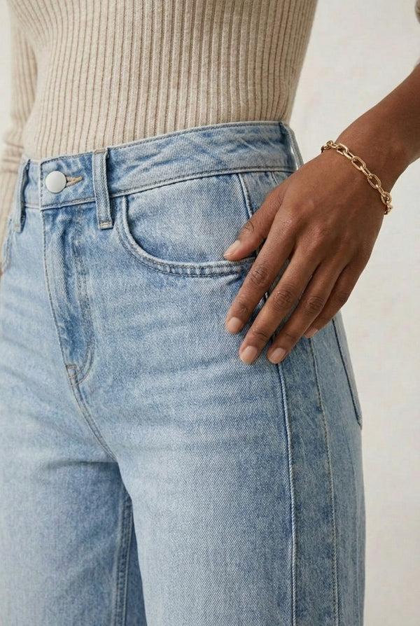 LOHNR High Waisted Wide Leg Denim in Skyline Blue