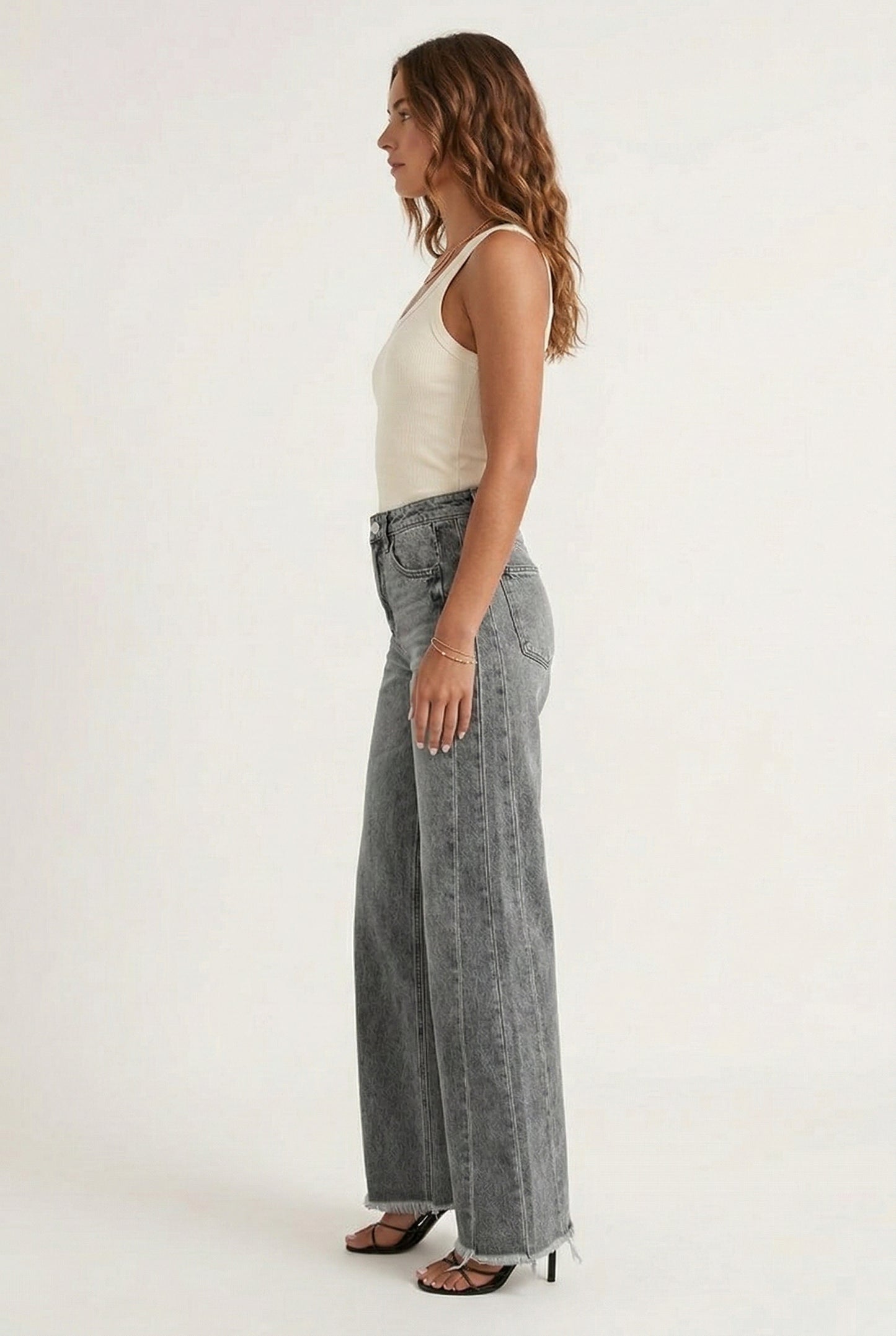 LOHNR High Waisted Wide Leg Denim in Washed Ash