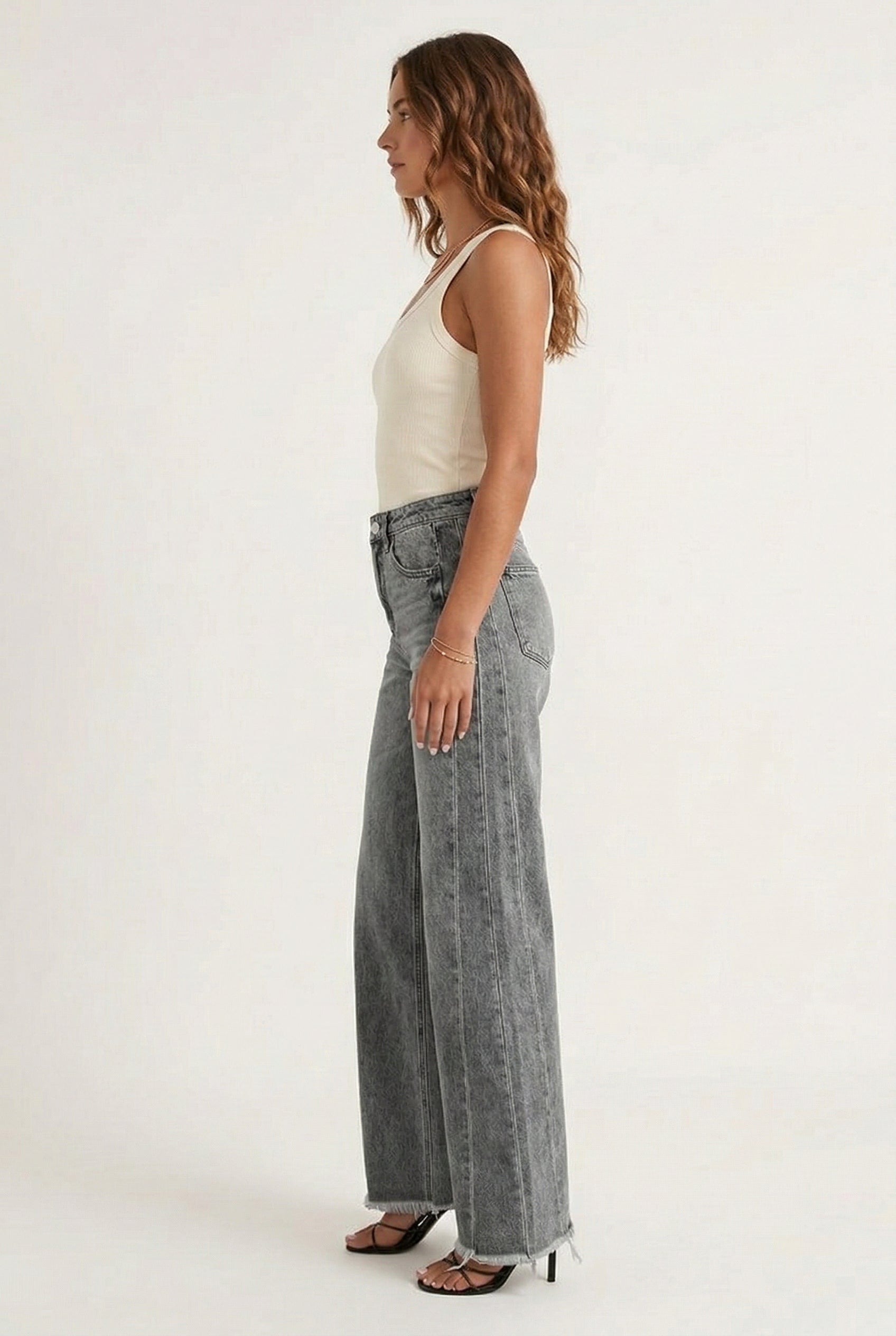 LOHNR High Waisted Wide Leg Denim in Washed Ash
