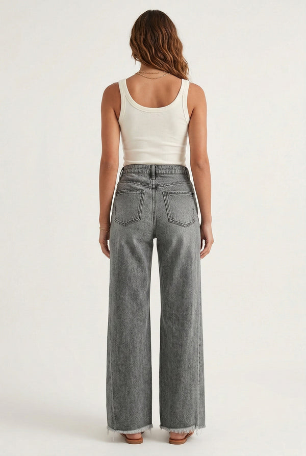 LOHNR High Waisted Wide Leg Denim in Washed Ash
