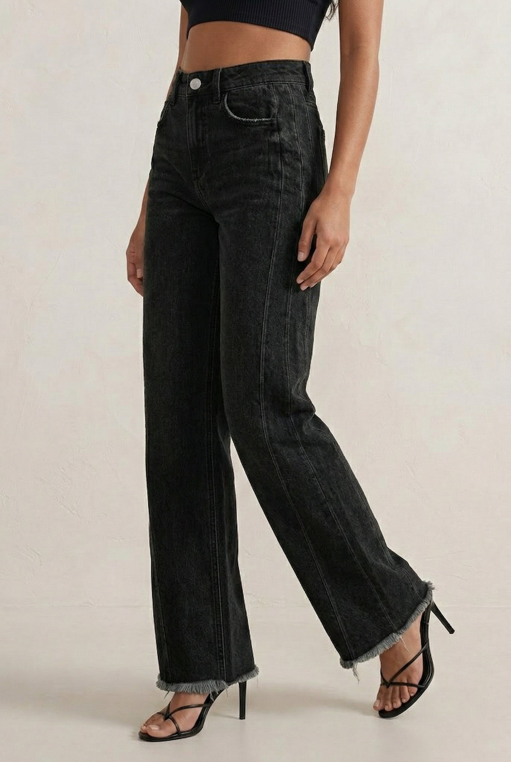 LOHNR High Waisted Wide Leg Denim in Washed Onyx