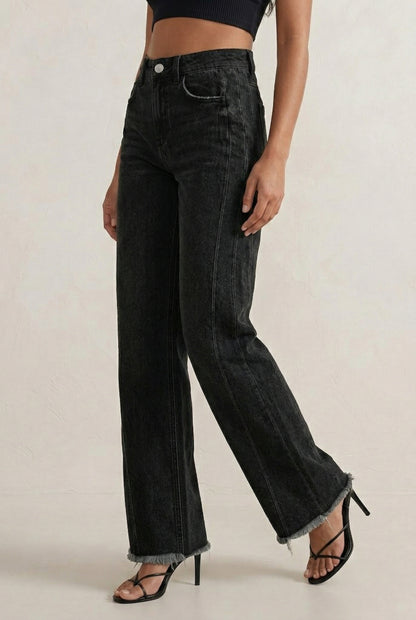 LOHNR High Waisted Wide Leg Denim in Washed Onyx