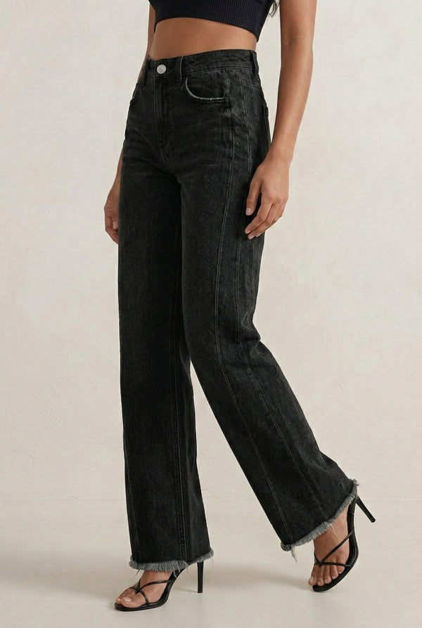 LOHNR High Waisted Wide Leg Denim in Washed Onyx