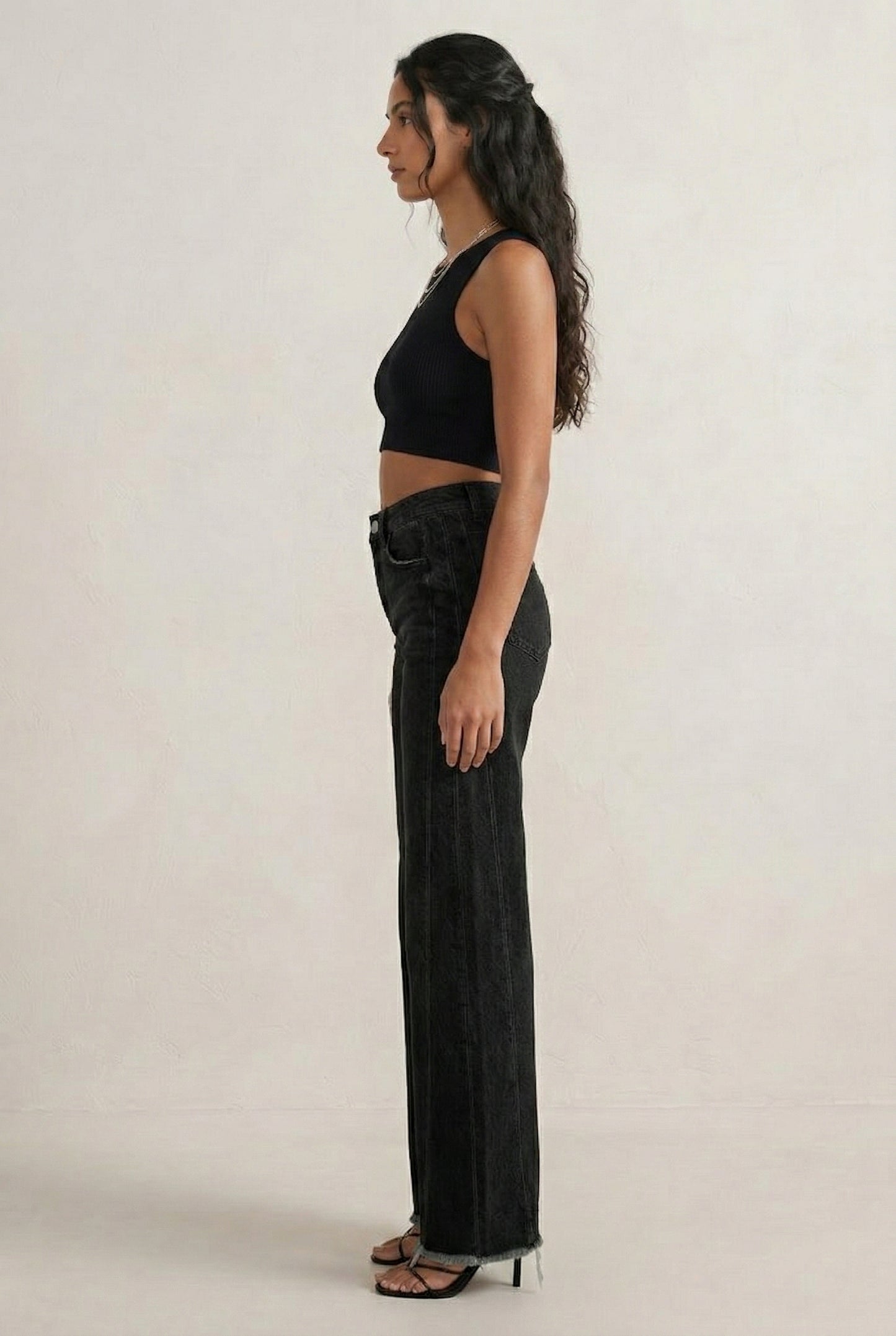 LOHNR High Waisted Wide Leg Denim in Washed Onyx