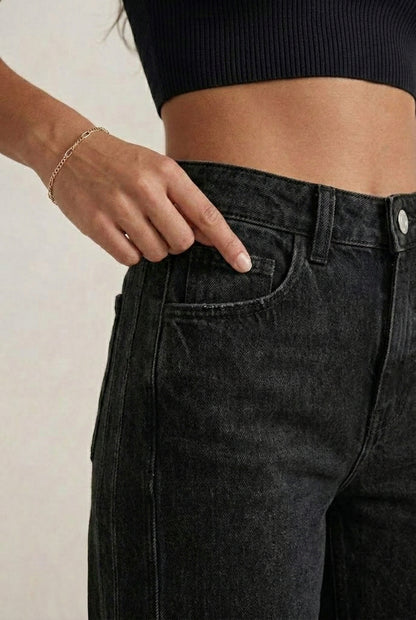 LOHNR High Waisted Wide Leg Denim in Washed Onyx