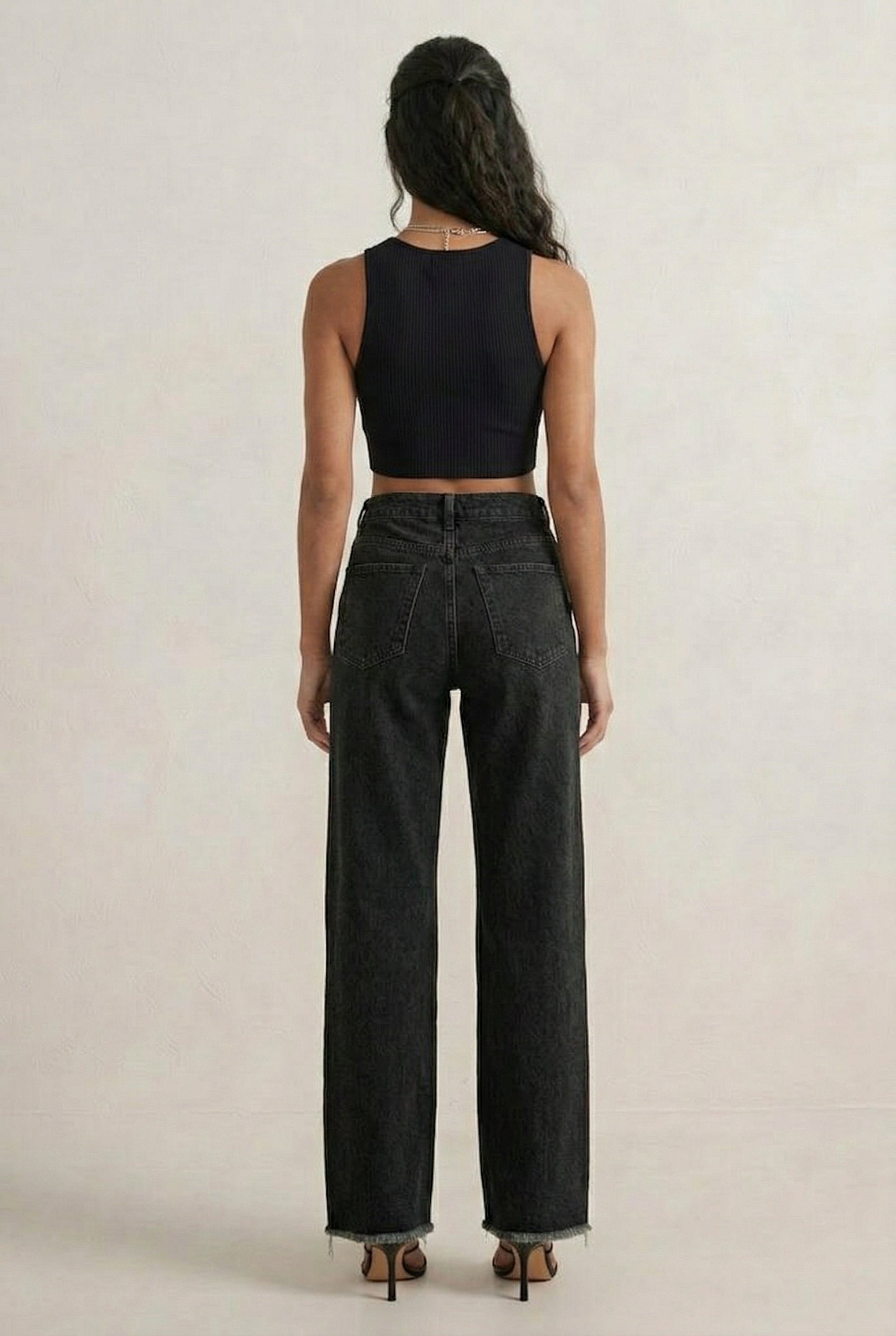 LOHNR High Waisted Wide Leg Denim in Washed Onyx