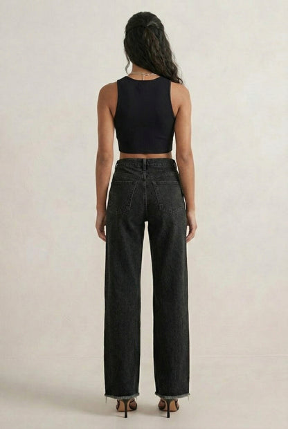 LOHNR High Waisted Wide Leg Denim in Washed Onyx