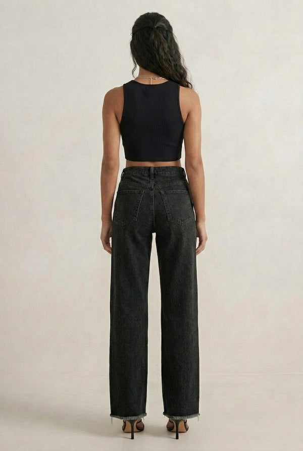 LOHNR High Waisted Wide Leg Denim in Washed Onyx