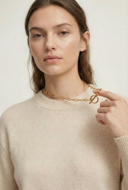 LOHNR The Uniform Chain in Brushed Gold. A premium 18k gold plated paperclip choker necklace featuring a clean toggle closure.
