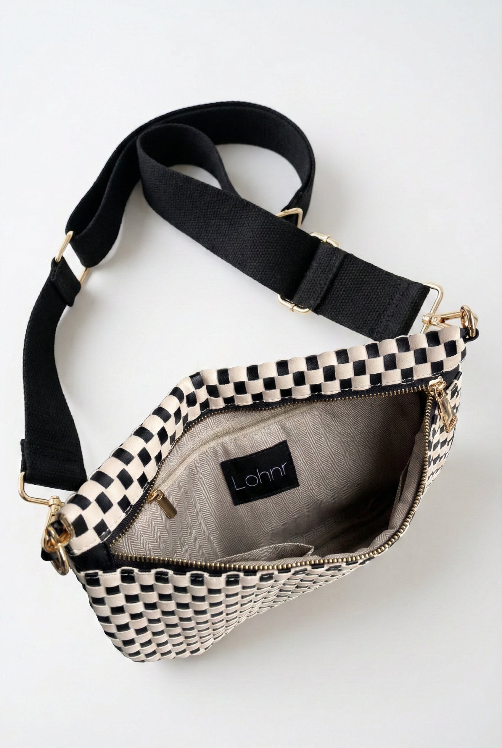 LOHNR Woven Belt Bag in Black - Premium vegan leather crossbody bag with adjustable strap and gold hardware