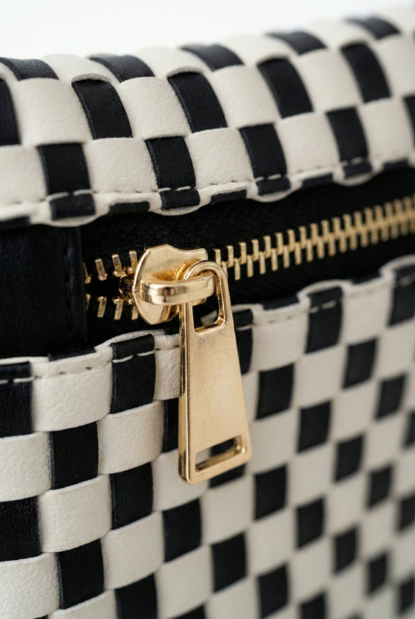 LOHNR Woven Belt Bag in Black - Premium vegan leather crossbody bag with adjustable strap and gold hardware