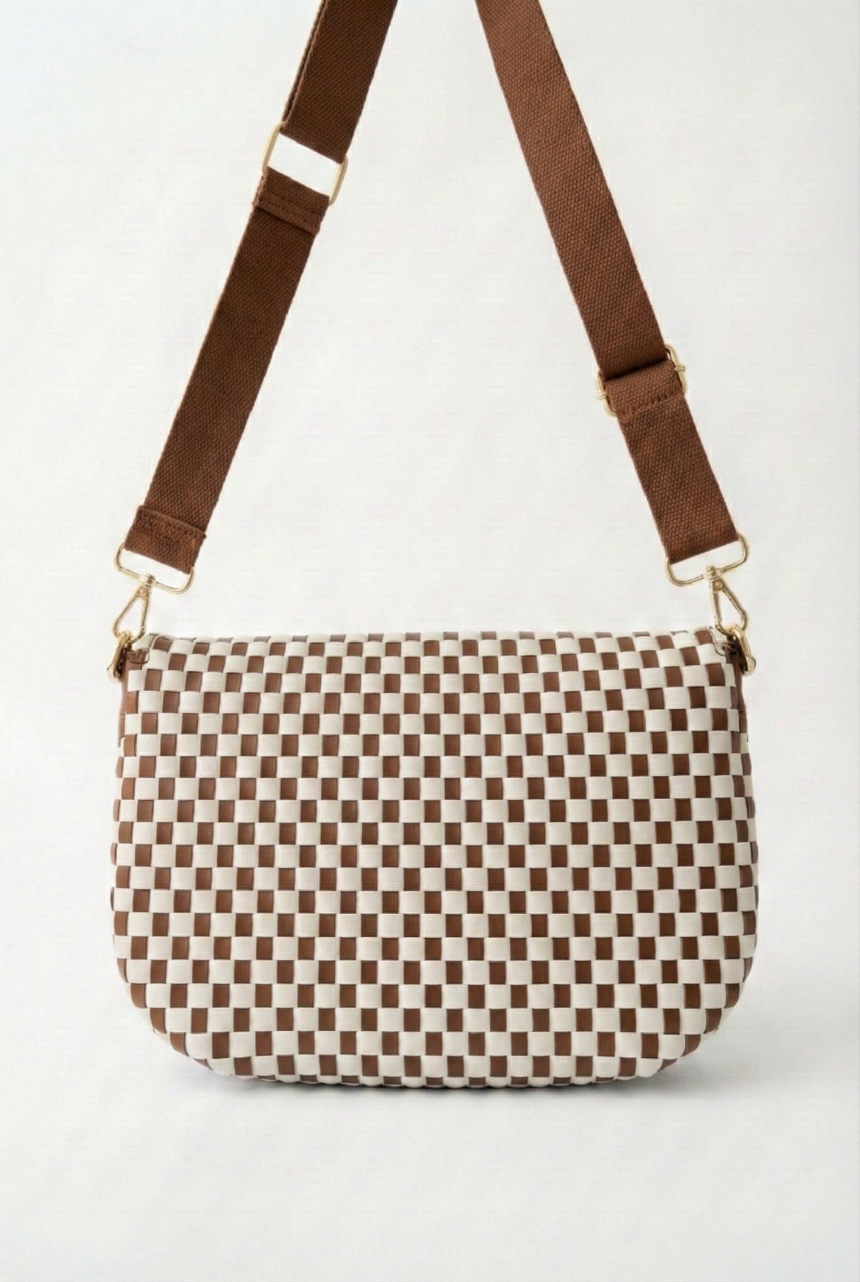 LOHNR Woven Belt Bag in Brown - Premium vegan leather crossbody bag with adjustable strap and gold hardware