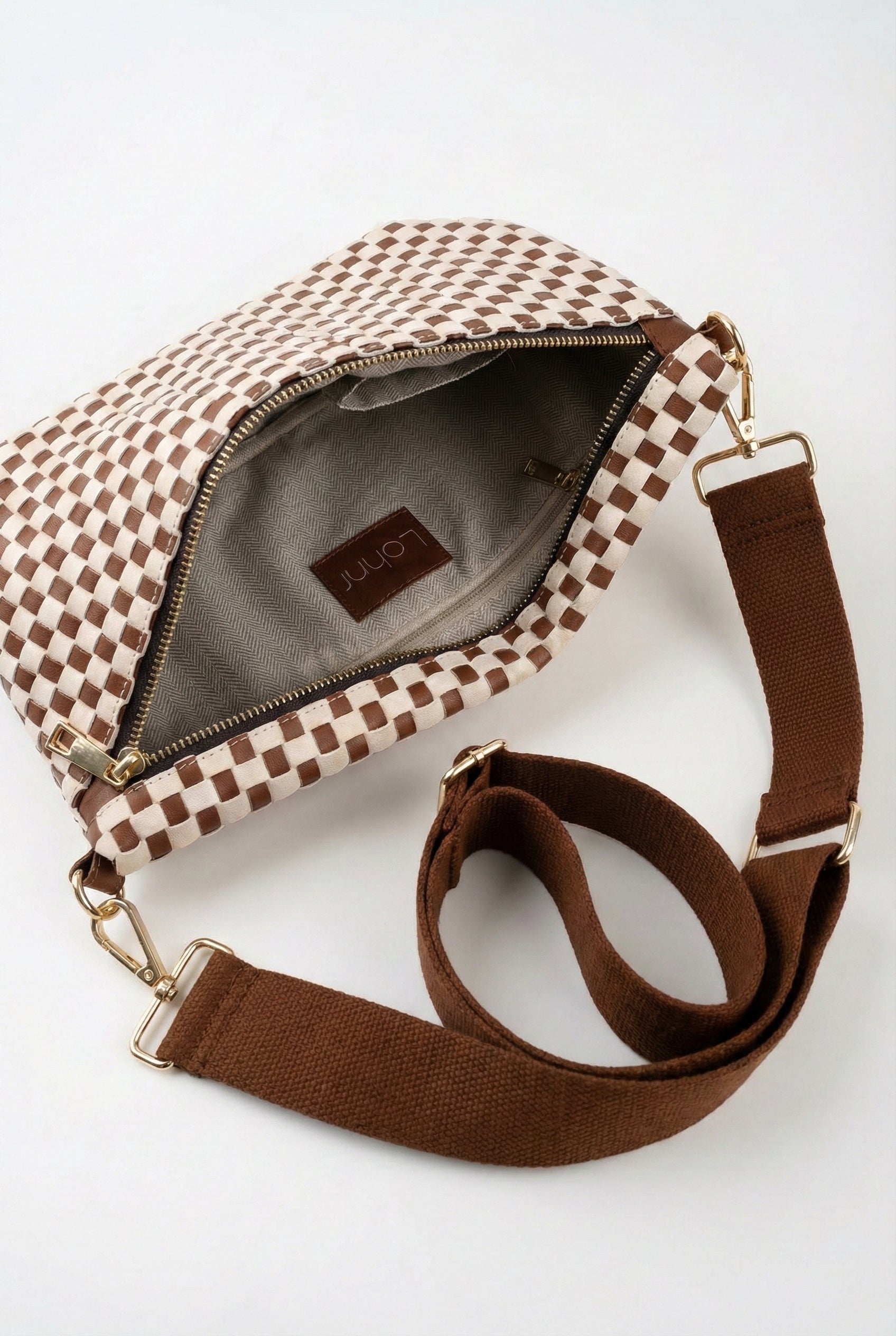 LOHNR Woven Belt Bag in Brown - Premium vegan leather crossbody bag with adjustable strap and gold hardware