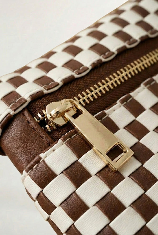 LOHNR Woven Belt Bag in Brown - Premium vegan leather crossbody bag with adjustable strap and gold hardware