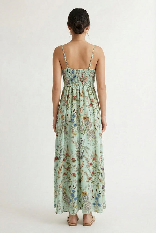 Woman wearing a matcha green floral print maxi dress with spaghetti straps