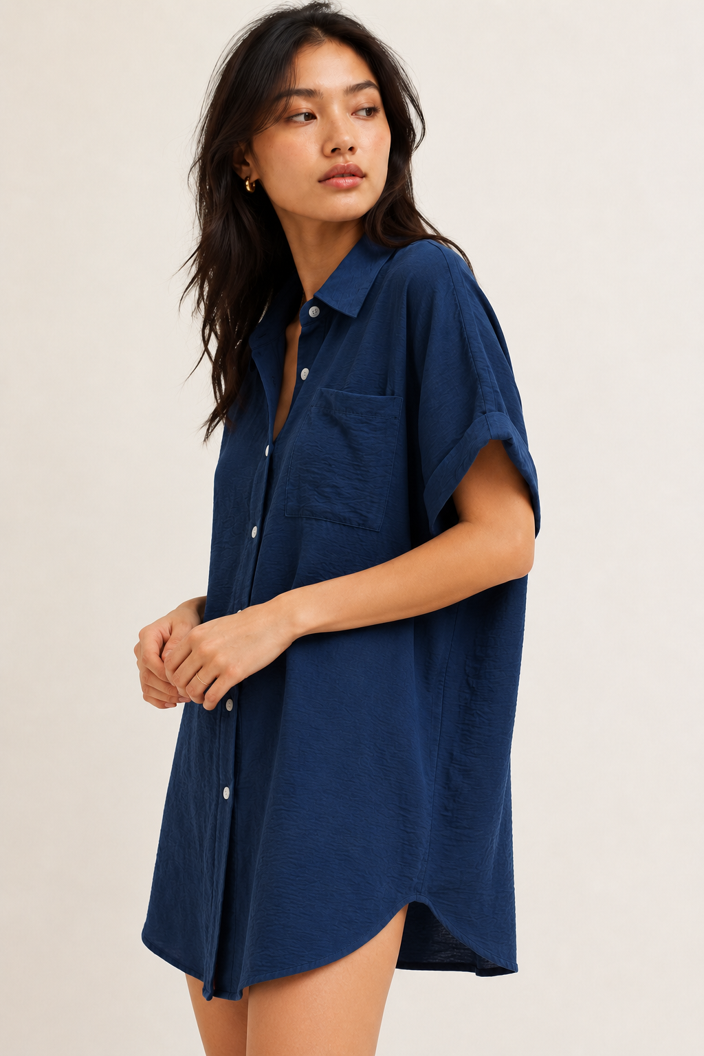 Womens dark midnight navy blue short sleeve button down collared shirt dress