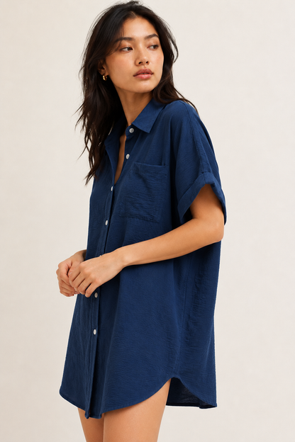 Womens dark midnight navy blue short sleeve button down collared shirt dress