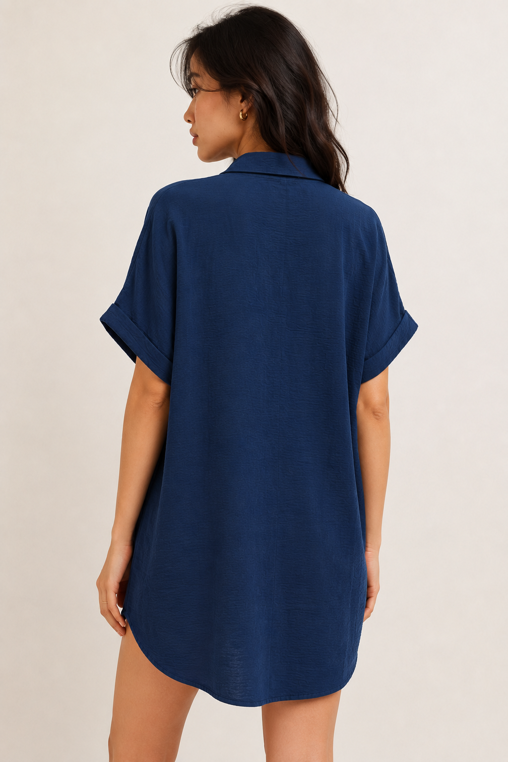 Womens dark midnight navy blue short sleeve button down collared shirt dress