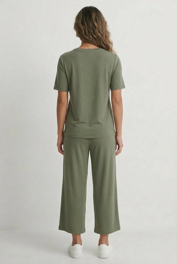 Women's short sleeve and cropped wide-leg pants matching lounge set in Modern Cargo olive green