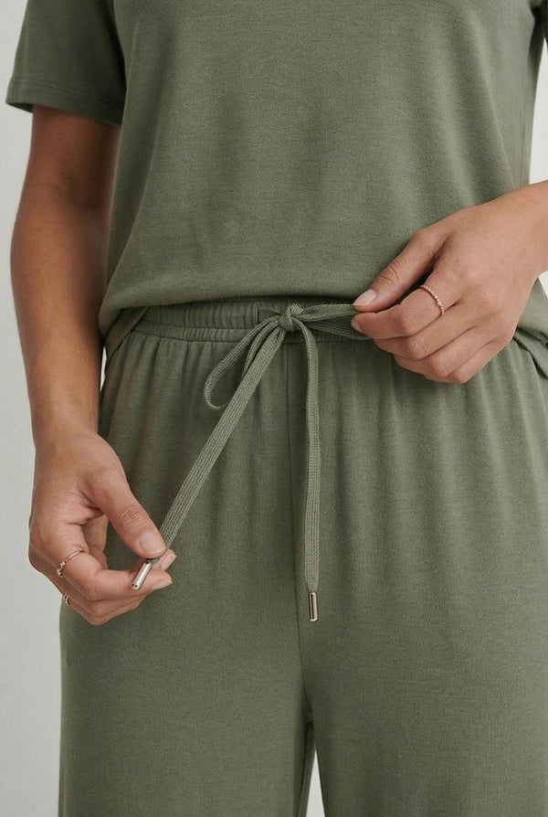 Women's short sleeve and cropped wide-leg pants matching lounge set in Modern Cargo olive green